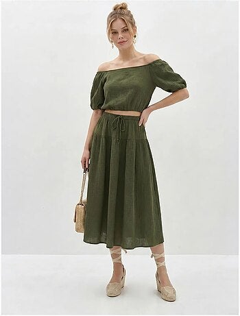 Ensemble blouse et jupe midi en coton seersucker lucci