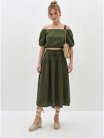 Ensemble blouse et jupe midi en coton seersucker lucci