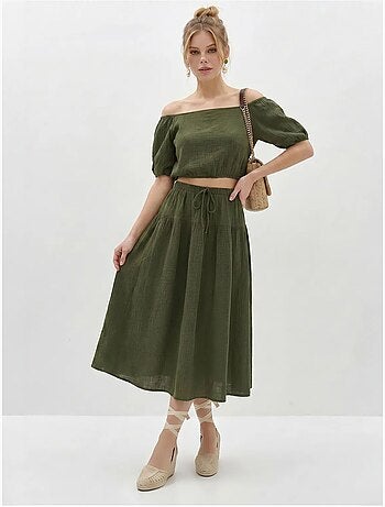 Ensemble blouse et jupe midi en coton seersucker lucci