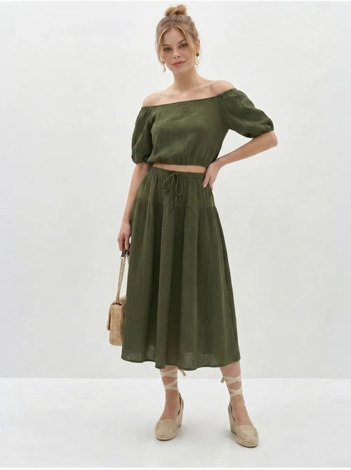 Ensemble blouse et jupe midi en coton seersucker lucci - Kiabi Ensemble blouse et jupe midi en coton seersucker lucci - Kiabi
