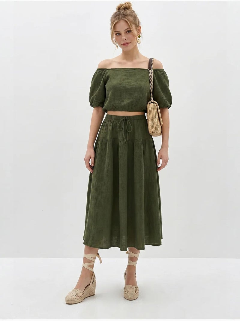 Ensemble blouse et jupe midi en coton seersucker lucci Kaki - Kiabi
