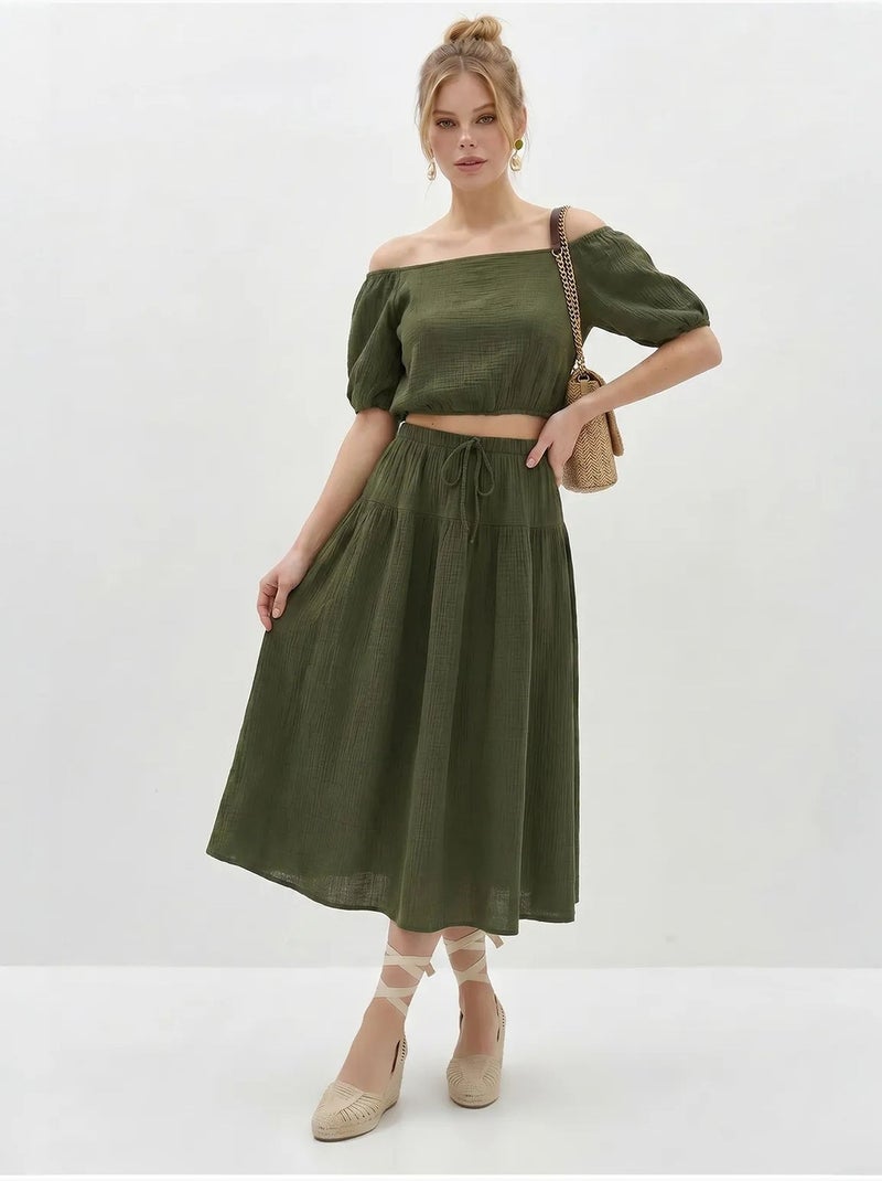 Ensemble blouse et jupe midi en coton seersucker lucci Kaki - Kiabi