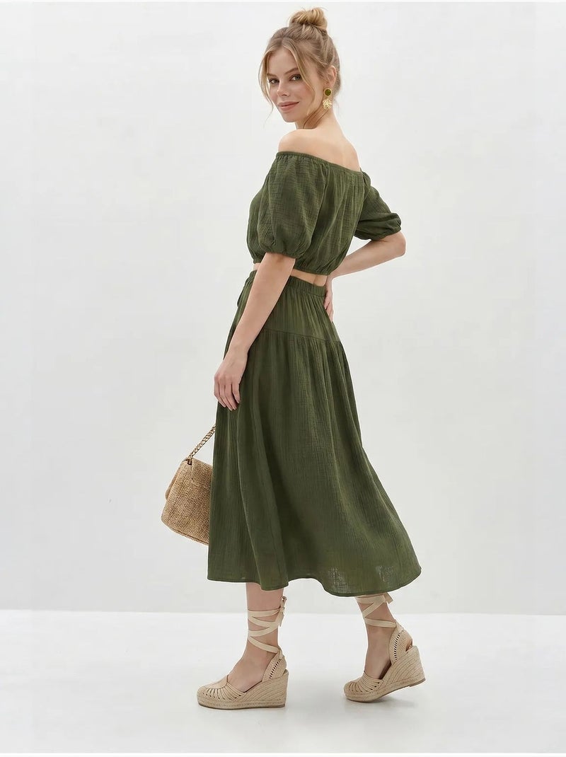 Ensemble blouse et jupe midi en coton seersucker lucci Kaki - Kiabi