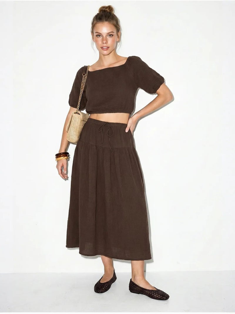 Ensemble blouse et jupe midi en coton seersucker lucci Marron - Kiabi