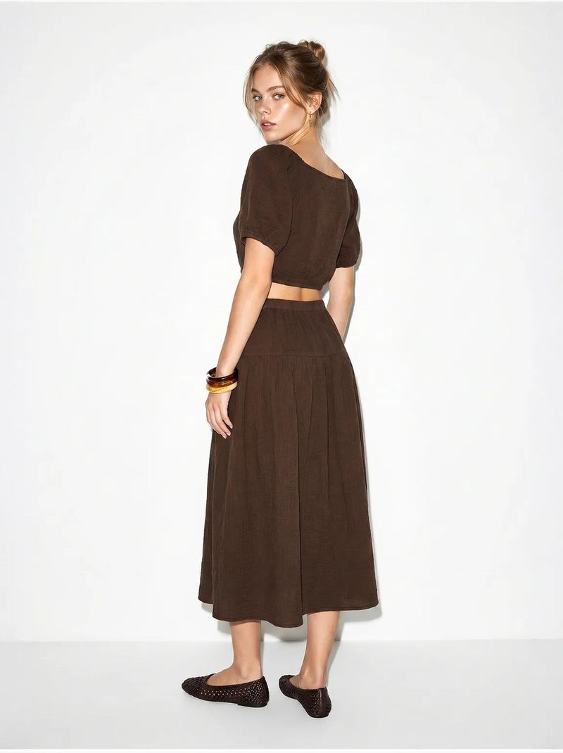 Ensemble blouse et jupe midi en coton seersucker lucci Marron - Kiabi