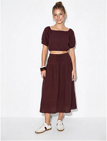 Ensemble blouse et jupe midi en coton seersucker lucci