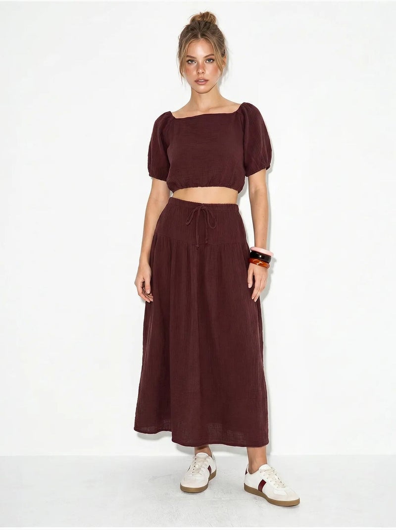Ensemble blouse et jupe midi en coton seersucker lucci Rouge bordeaux - Kiabi