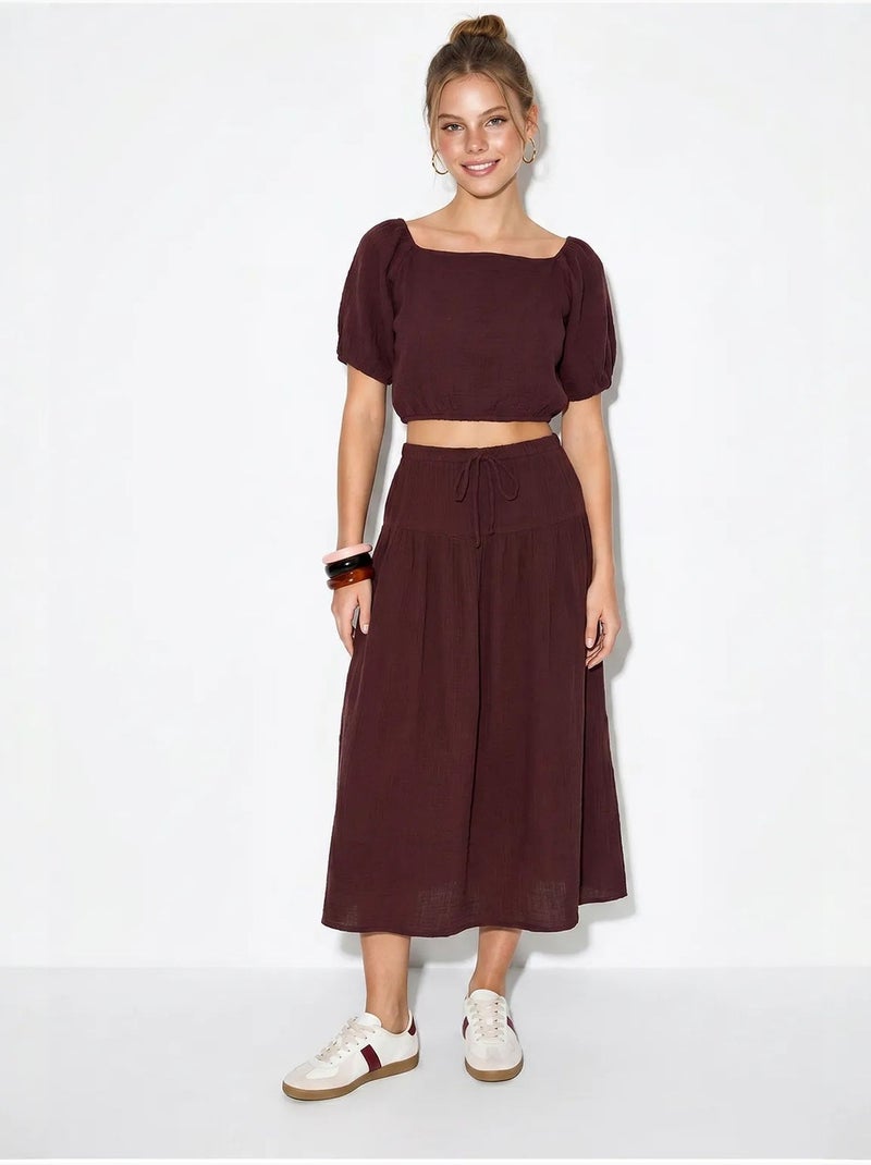 Ensemble blouse et jupe midi en coton seersucker lucci Rouge bordeaux - Kiabi