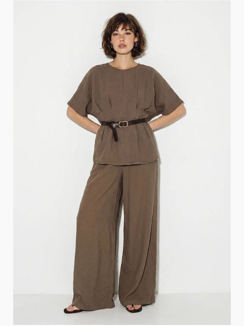 Ensemble blouse et pantalon large en viscose et lin lucci Marron - Kiabi