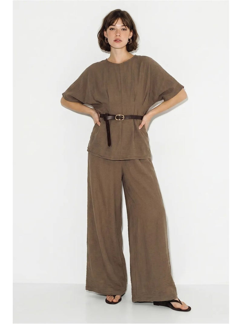 Ensemble blouse et pantalon large en viscose et lin lucci Marron - Kiabi