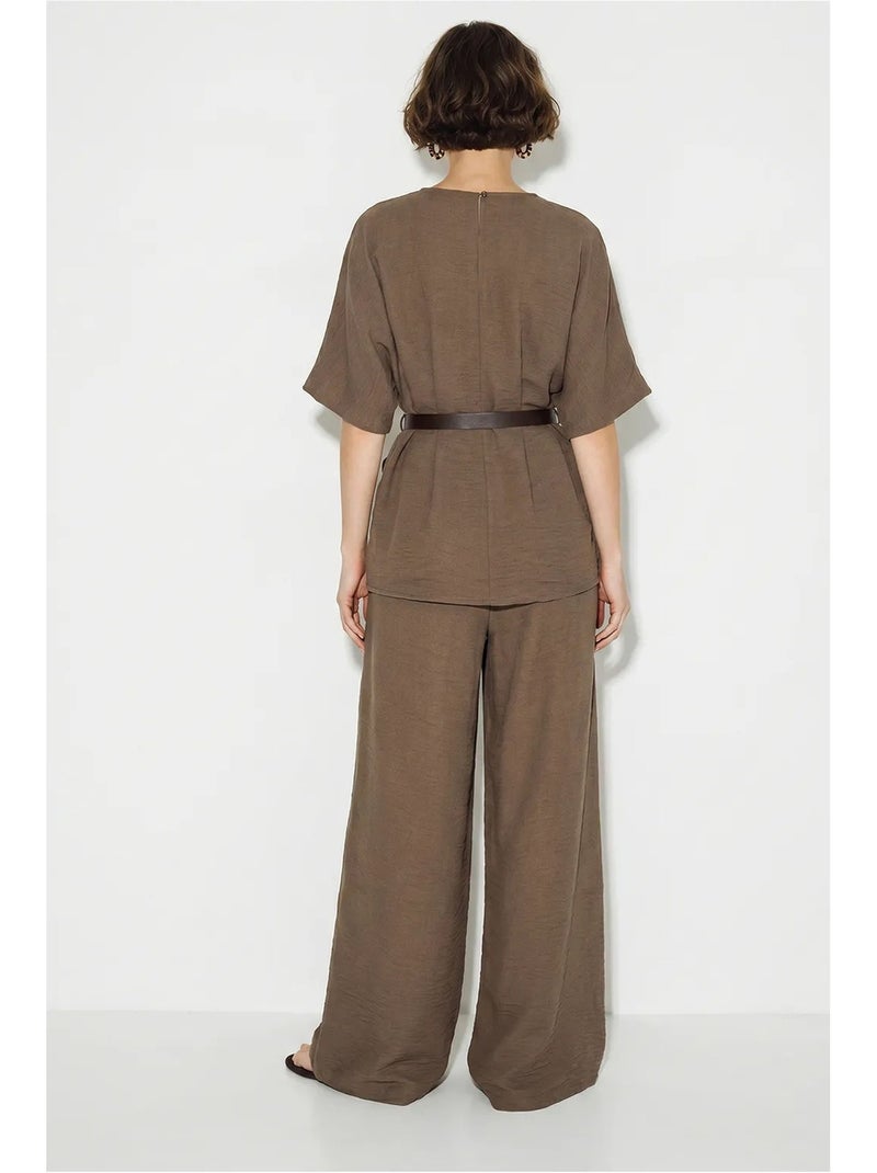 Ensemble blouse et pantalon large en viscose et lin lucci Marron - Kiabi