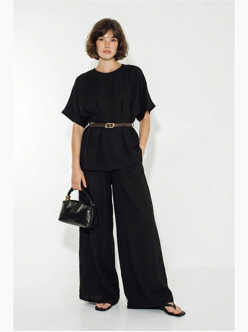 Ensemble blouse et pantalon large en viscose et lin lucci Noir - Kiabi