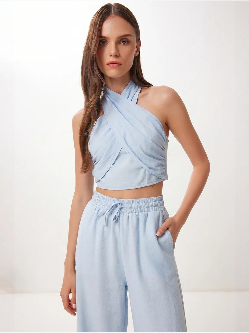 Ensemble blouse halter et pantalon large istanbul Bleu ciel - Kiabi