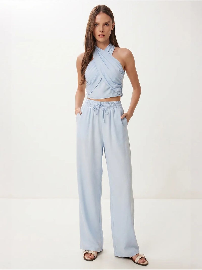Ensemble blouse halter et pantalon large istanbul Bleu ciel - Kiabi