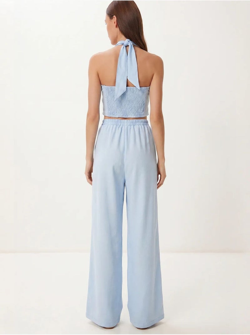 Ensemble blouse halter et pantalon large istanbul Bleu ciel - Kiabi