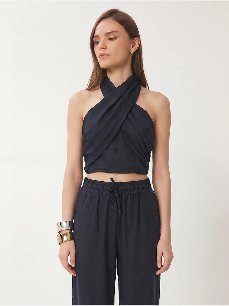 Ensemble blouse halter et pantalon large istanbul Bleu marine - Kiabi