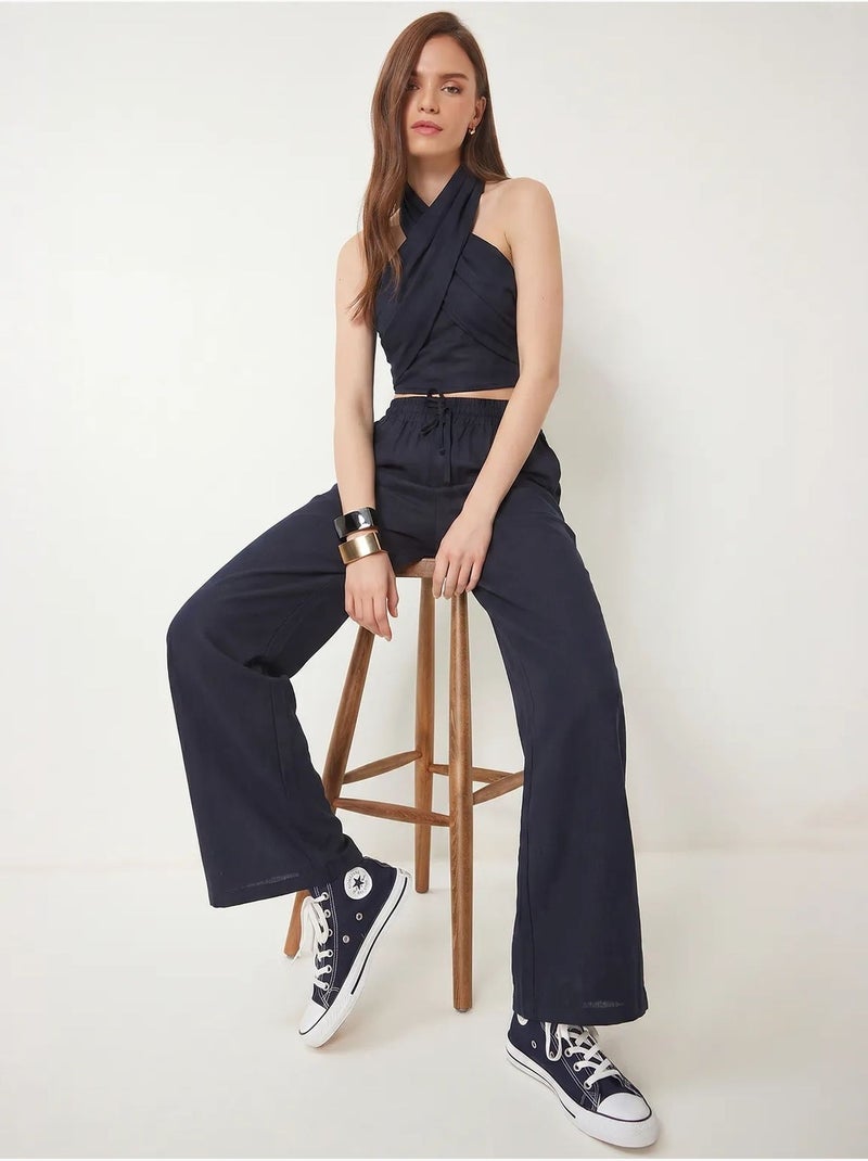 Ensemble blouse halter et pantalon large istanbul Bleu marine - Kiabi