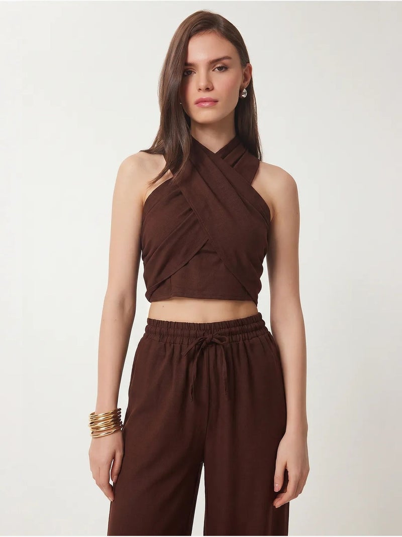 Ensemble blouse halter et pantalon large istanbul Marron - Kiabi