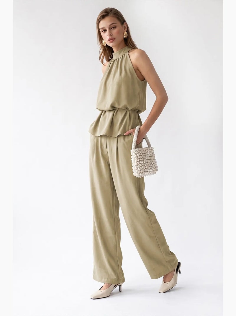 Ensemble blouse halter et pantalon large mixray Kaki - Kiabi