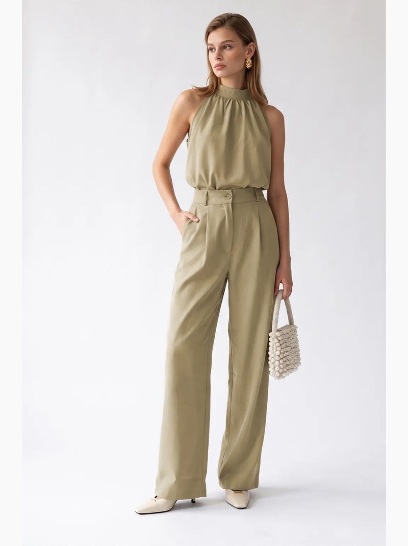 Ensemble blouse halter et pantalon large mixray Kaki - Kiabi