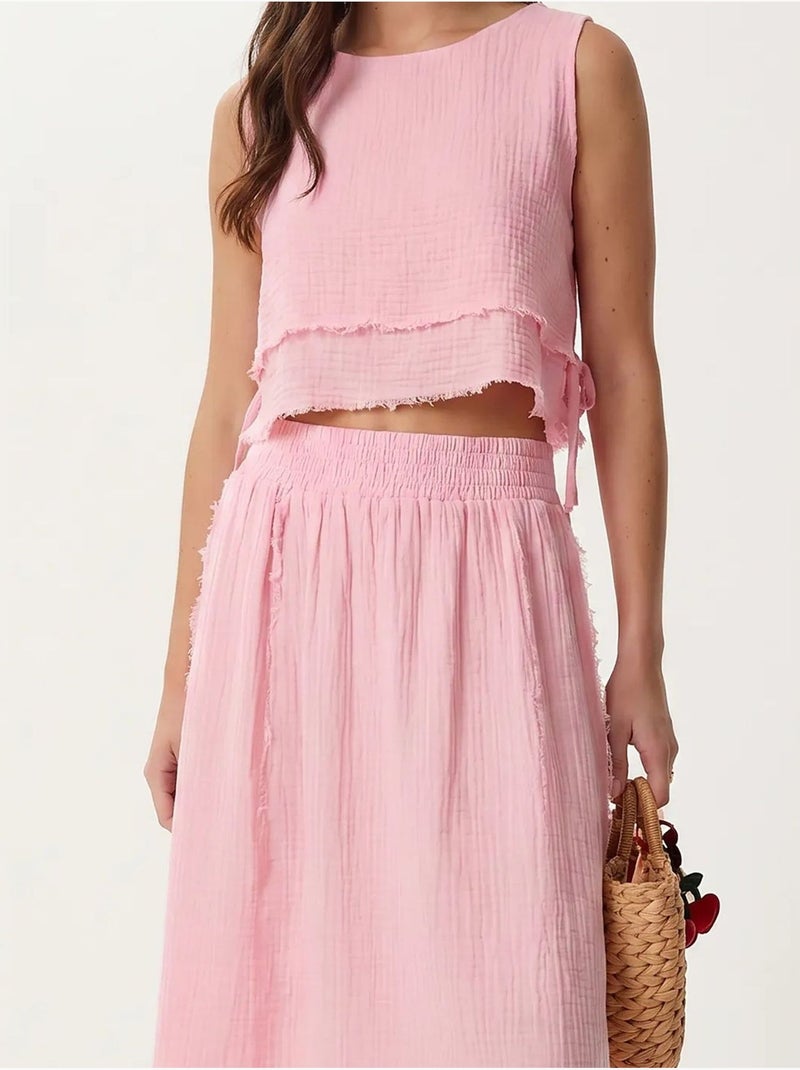 Ensemble blouse sans manches et jupe midi en coton istanbul Rose clair - Kiabi