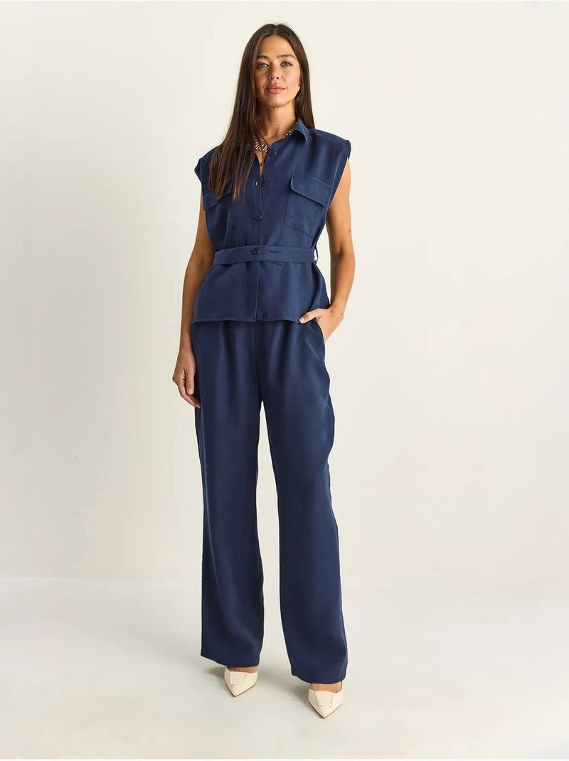 Ensemble blouse sans manches et pantalon large ceinturé lucci Bleu marine - Kiabi