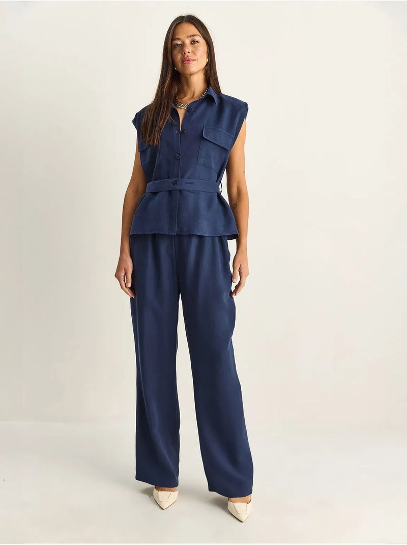 Ensemble blouse sans manches et pantalon large ceinturé lucci Bleu marine - Kiabi
