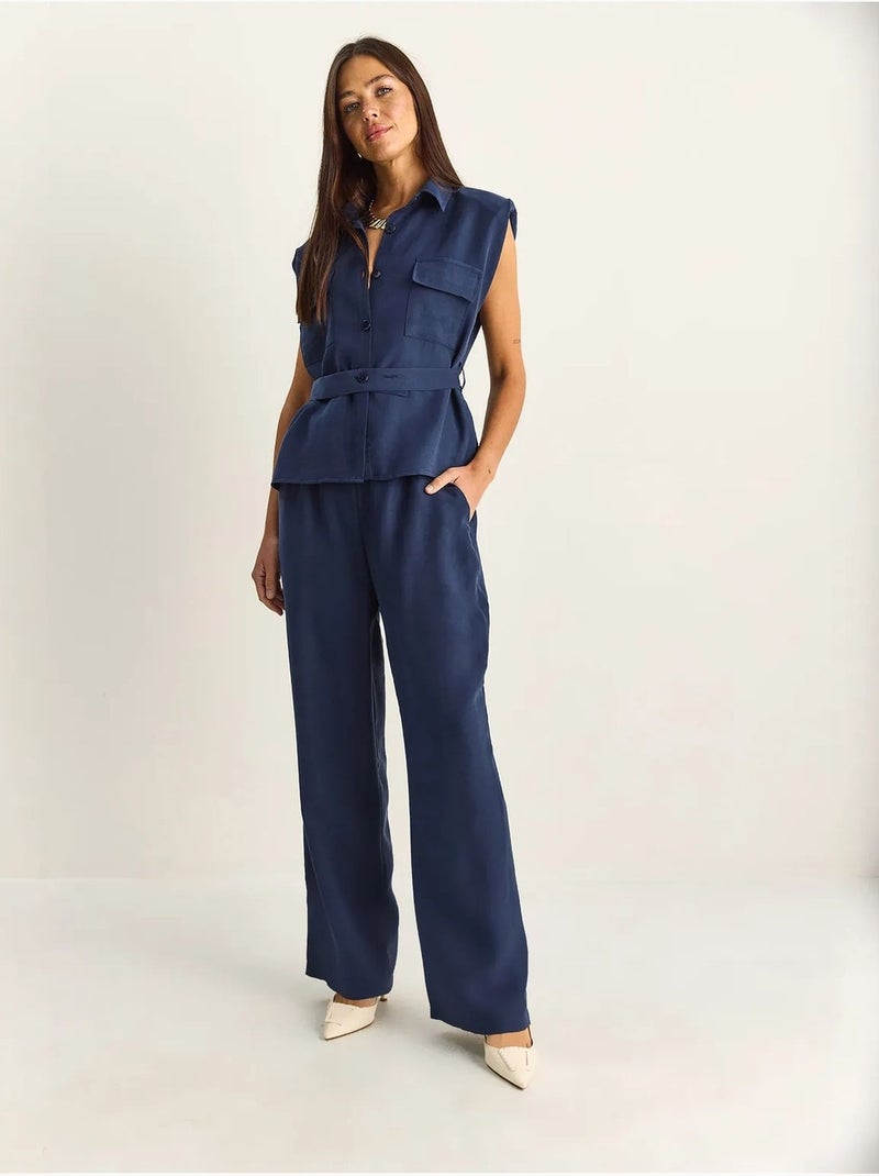 Ensemble blouse sans manches et pantalon large ceinturé lucci Bleu marine - Kiabi
