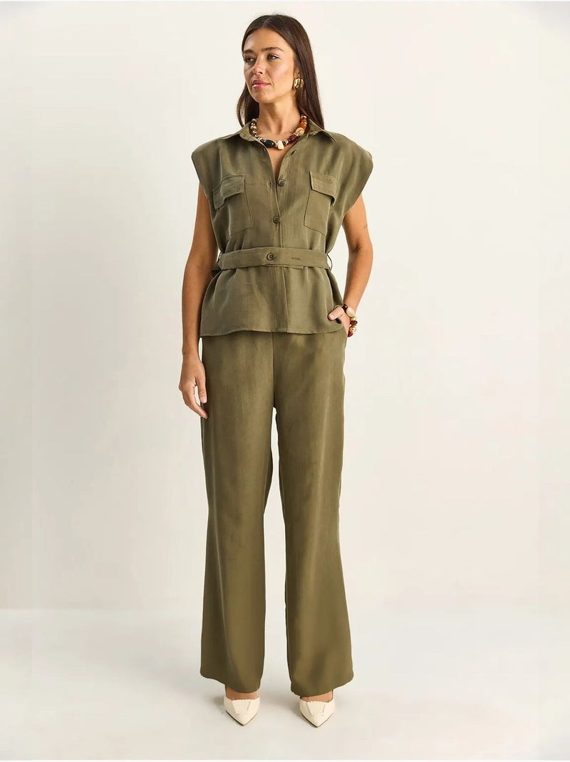Ensemble blouse sans manches et pantalon large ceinturé lucci Kaki - Kiabi