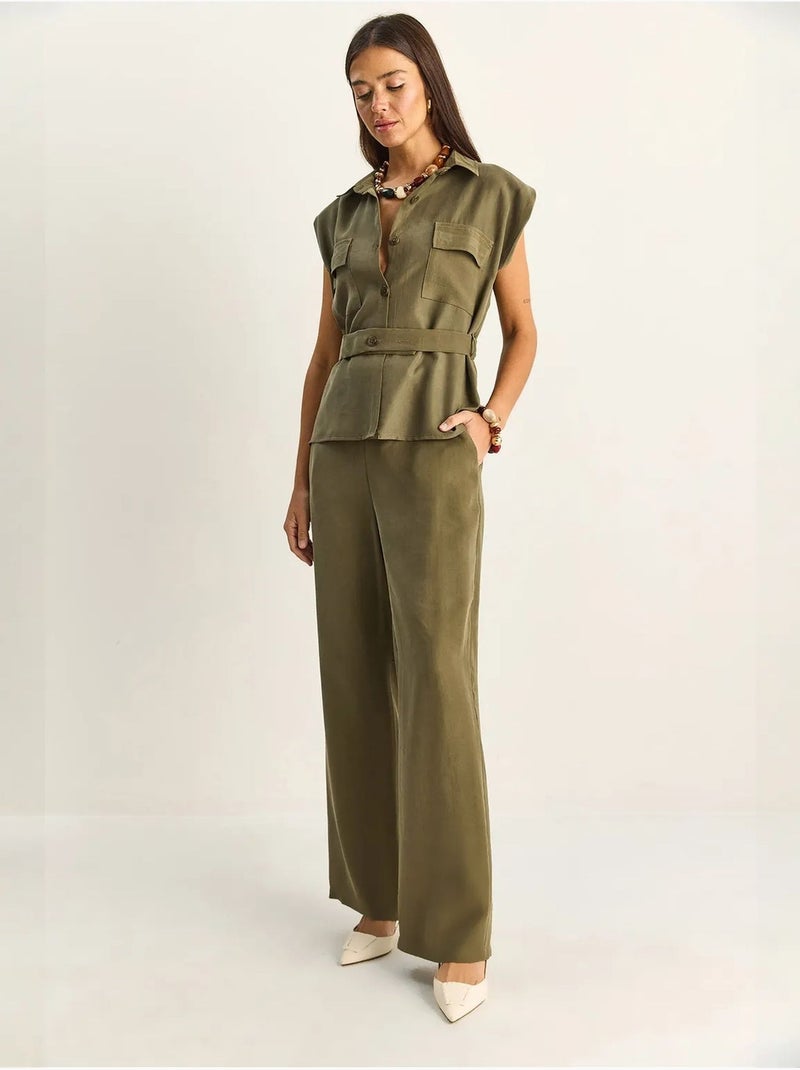 Ensemble blouse sans manches et pantalon large ceinturé lucci Kaki - Kiabi