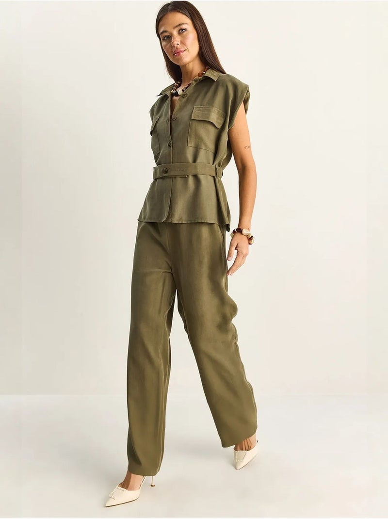 Ensemble blouse sans manches et pantalon large ceinturé lucci Kaki - Kiabi
