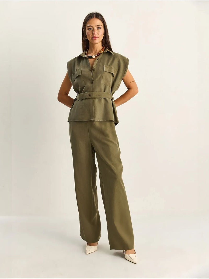 Ensemble blouse sans manches et pantalon large ceinturé lucci Kaki - Kiabi