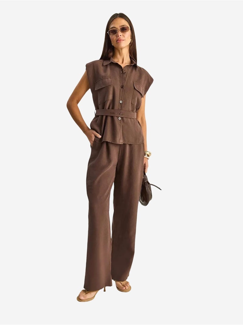 Ensemble blouse sans manches et pantalon large ceinturé lucci Marron clair - Kiabi