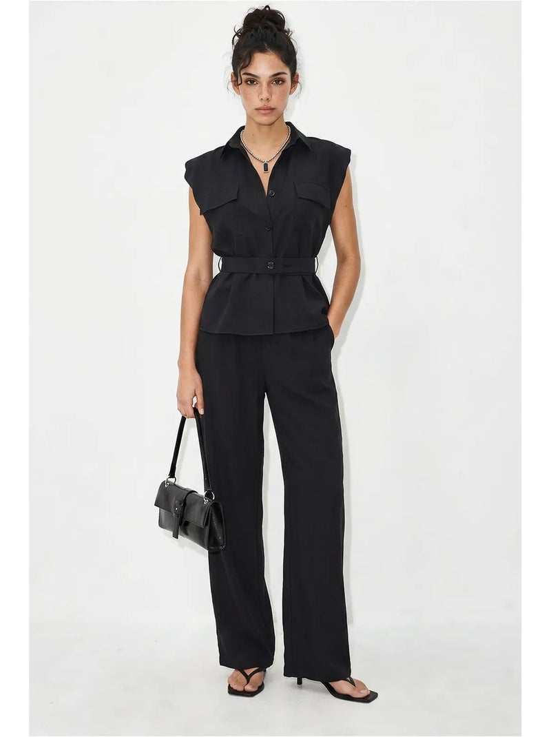 Ensemble blouse sans manches et pantalon large ceinturé lucci Noir - Kiabi