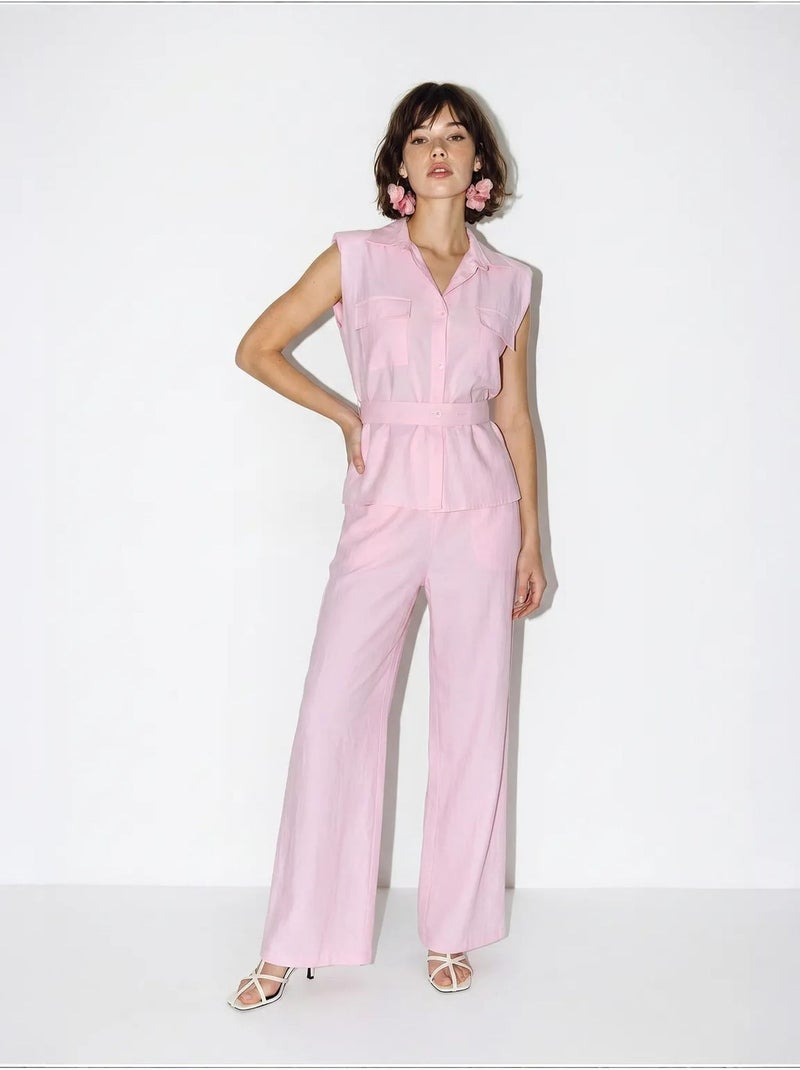 Ensemble blouse sans manches et pantalon large ceinturé lucci Rose - Kiabi