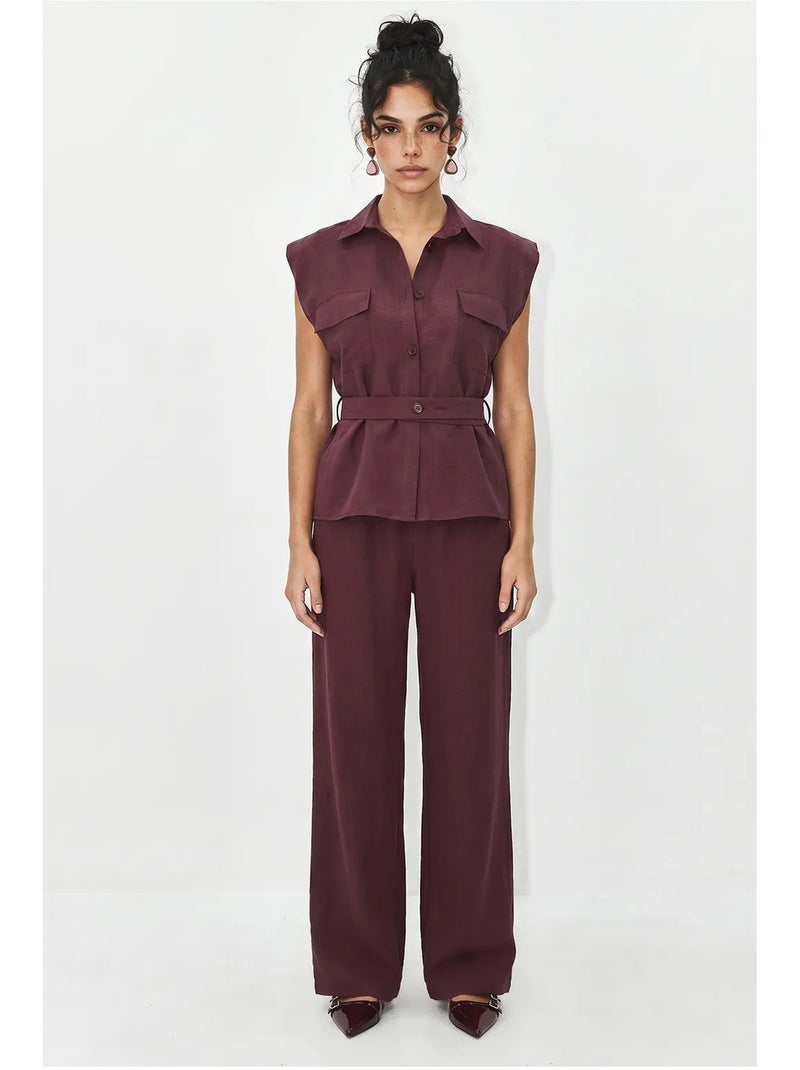 Ensemble blouse sans manches et pantalon large ceinturé lucci Rouge bordeaux - Kiabi