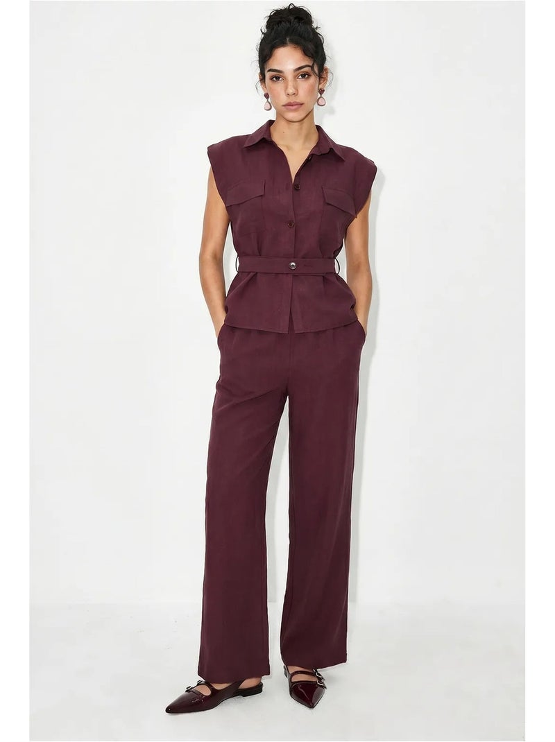 Ensemble blouse sans manches et pantalon large ceinturé lucci Rouge bordeaux - Kiabi
