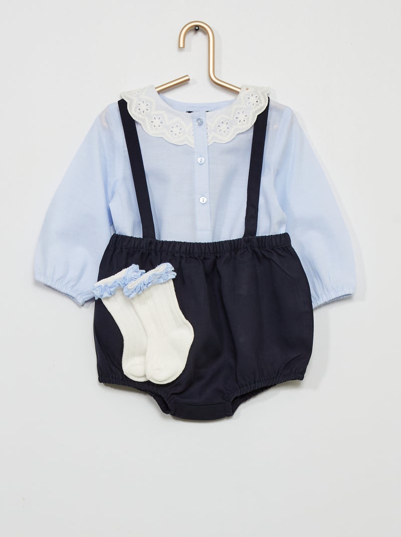Ensemble blouse + short à bretelles + chaussettes bleu - Kiabi