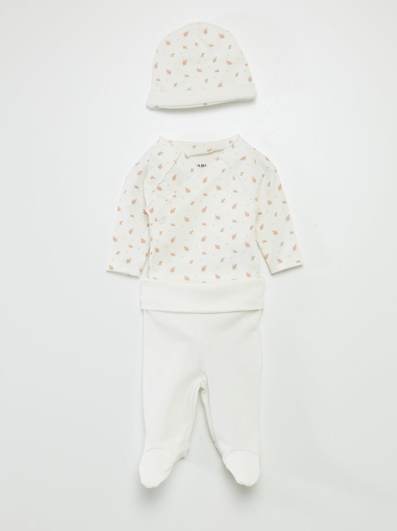 Ensemble body + pantalon avec pieds + bonnet Blanc 'feuille' - Kiabi