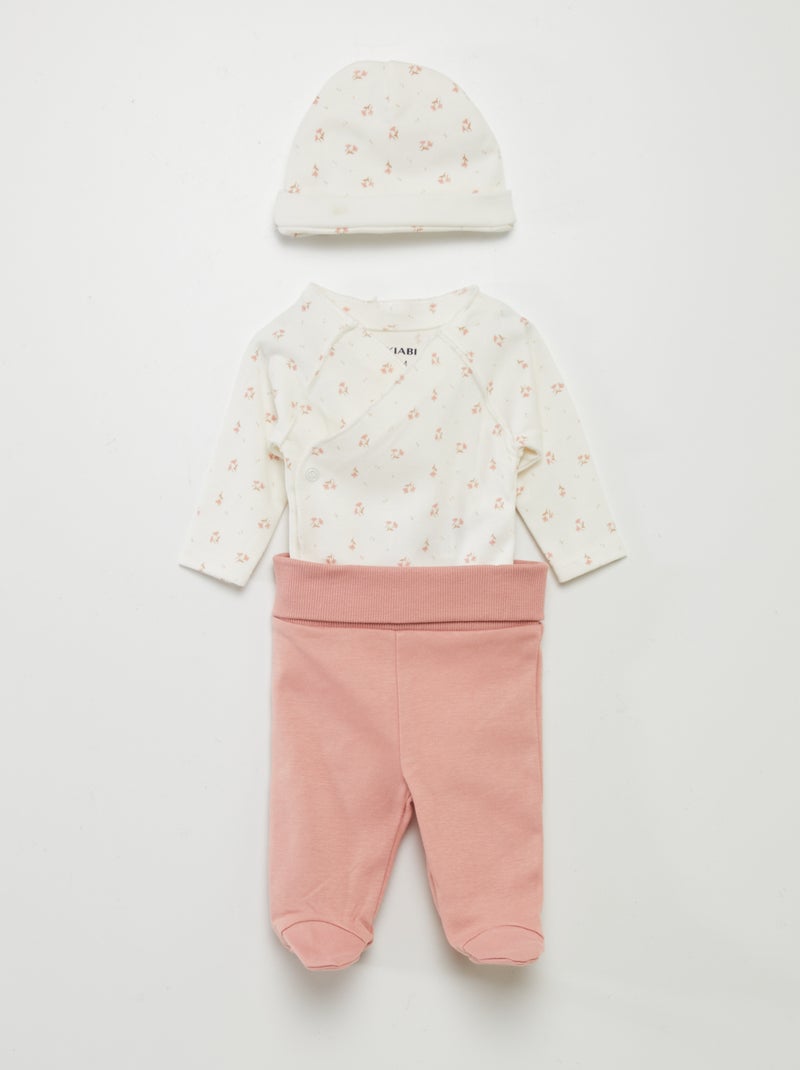 Ensemble body + pantalon avec pieds + bonnet Blanc 'fleuri' - Kiabi