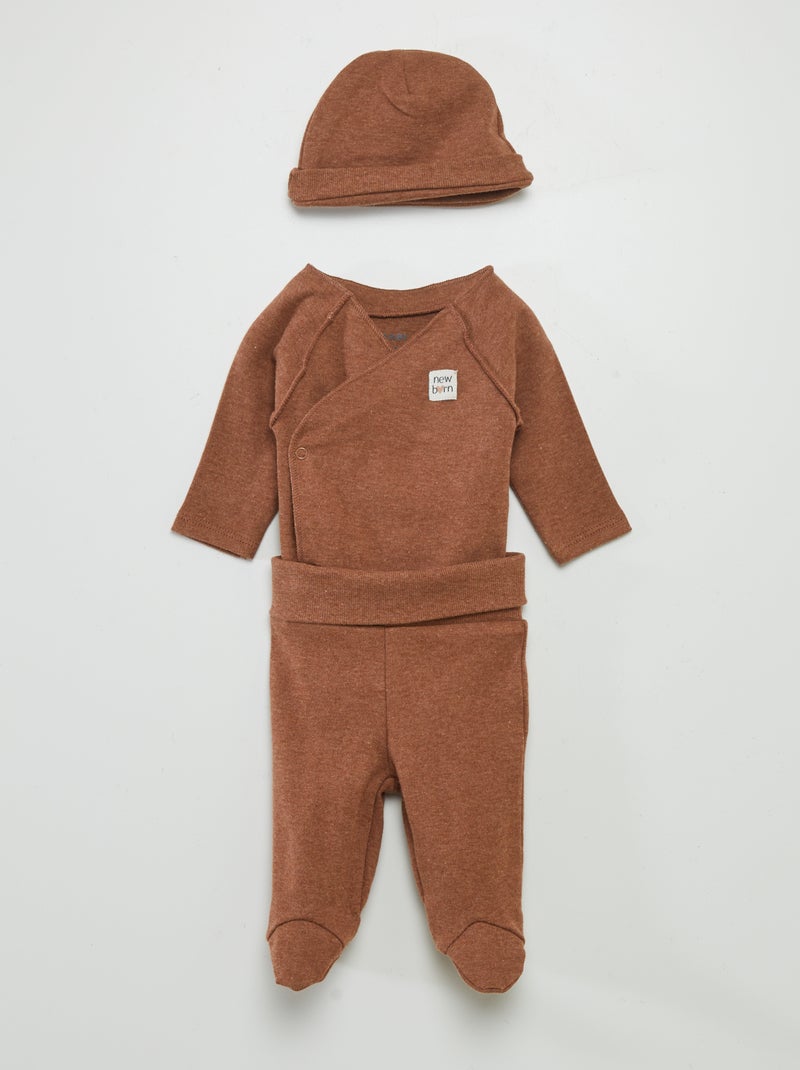 Ensemble body + pantalon avec pieds + bonnet Marron - Kiabi