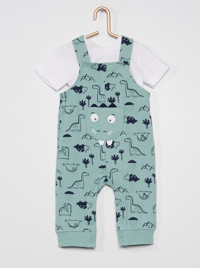 Ensemble body + salopette 'dinosaure' kaki/blanc - Kiabi
