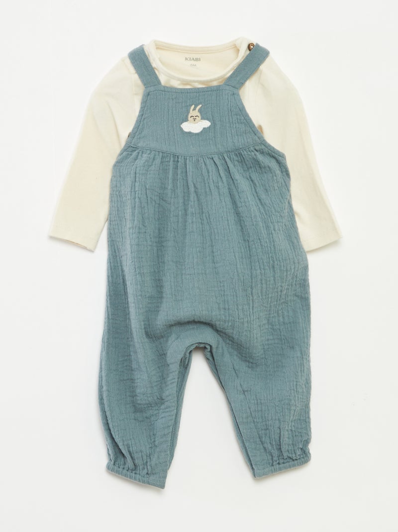 Ensemble body + salopette en gaze de coton - 2 pièces Bleu - Kiabi