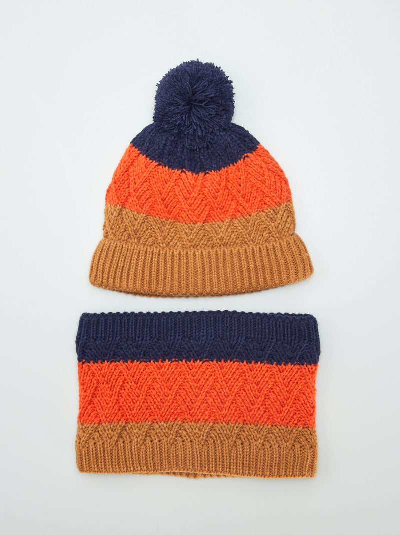 Ensemble bonnet à pompon et snood doublé Marron/orange/marine - Kiabi