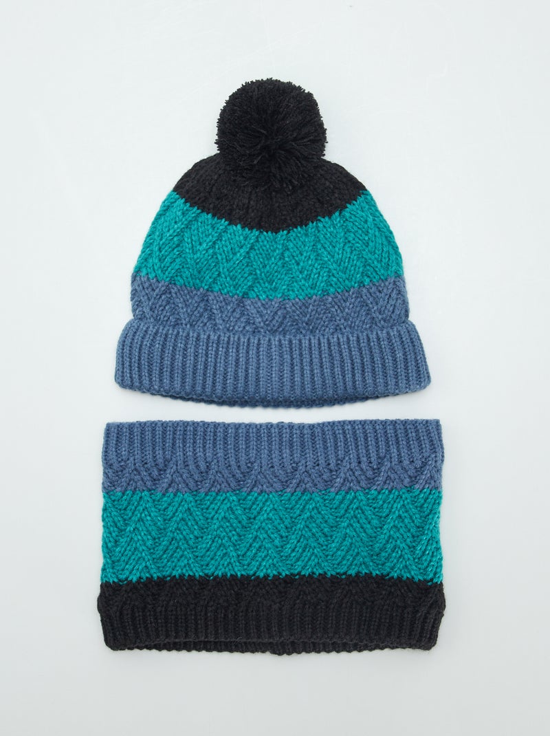 Ensemble bonnet à pompon et snood doublé Noir/bleu/vert - Kiabi