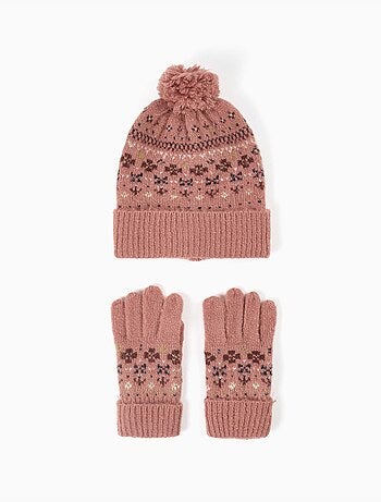 Ensemble bonnet et gants en maille avec jacquard