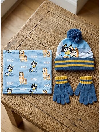 Ensemble bonnet, gants et écharpe tube enfant bluey bbc studios
