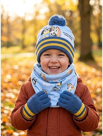 Ensemble bonnet, gants et écharpe tube enfant bluey bbc studios