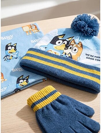Ensemble bonnet, gants et écharpe tube enfant bluey bbc studios
