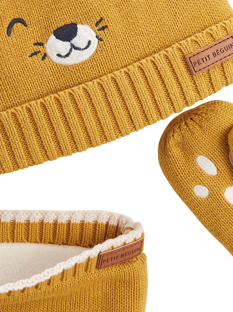 Ensemble bonnet, moufles et cache-cou enfant en tricot Charly Moutarde - Kiabi